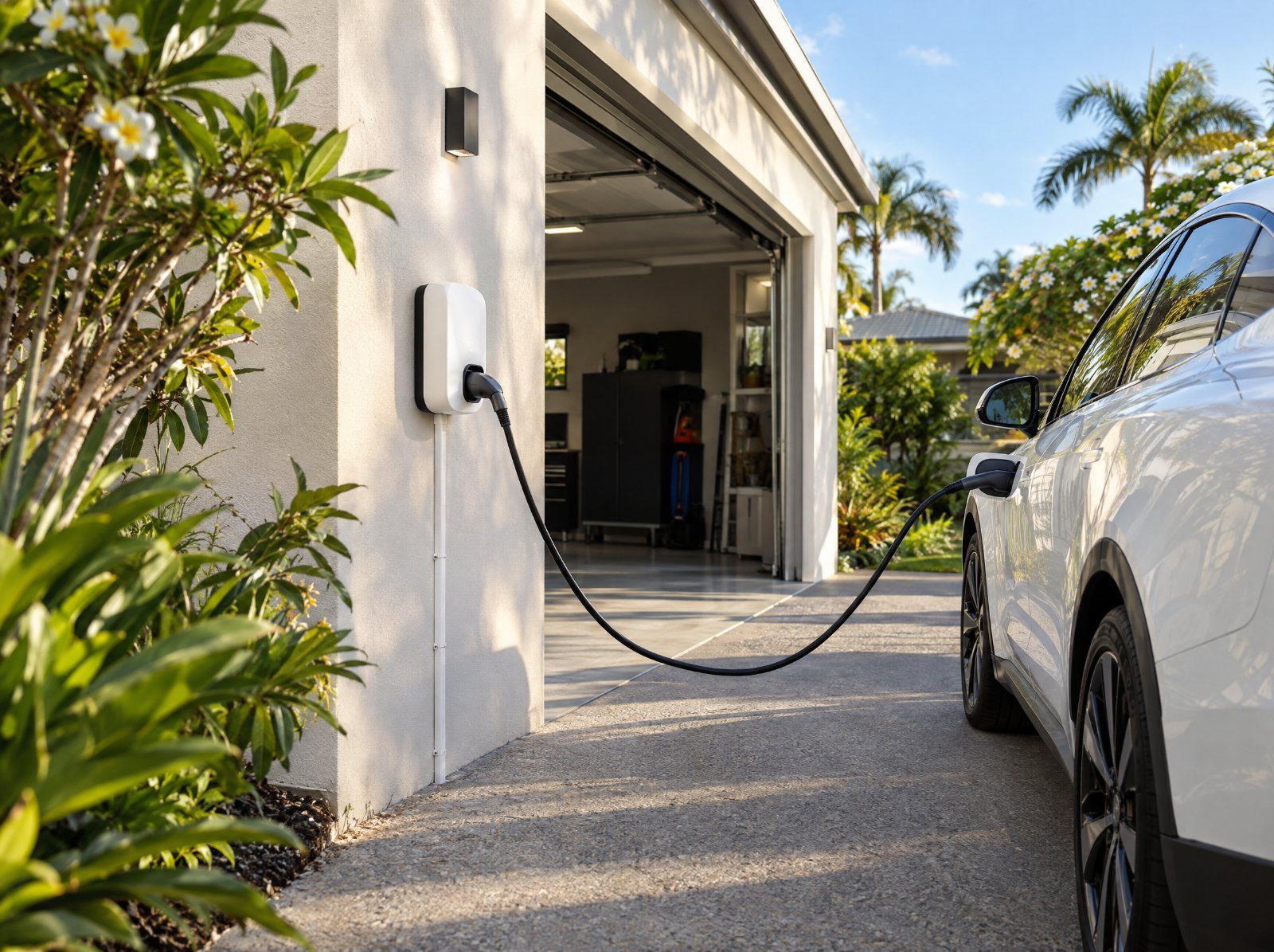A home EV charger installed beside a garage, car plugged in