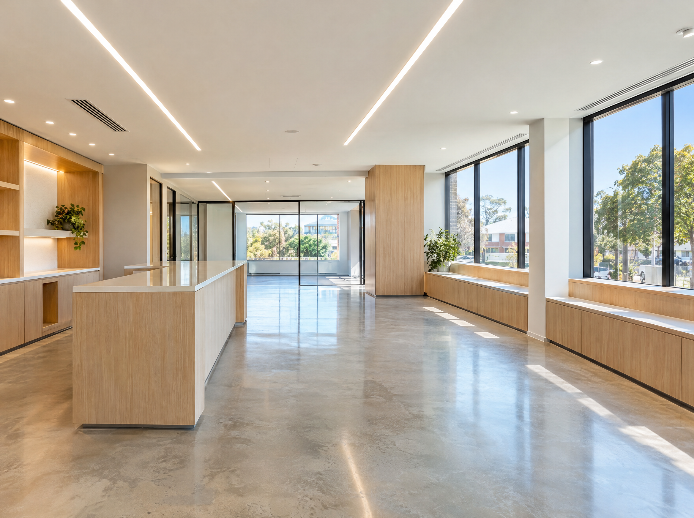 A finished commercial fit-out with linear LED lighting
