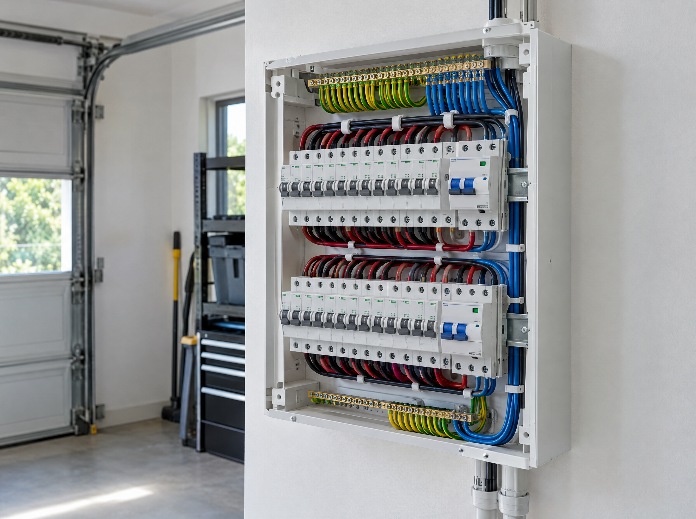 A modern switchboard with the cover off, showing new circuit breakers